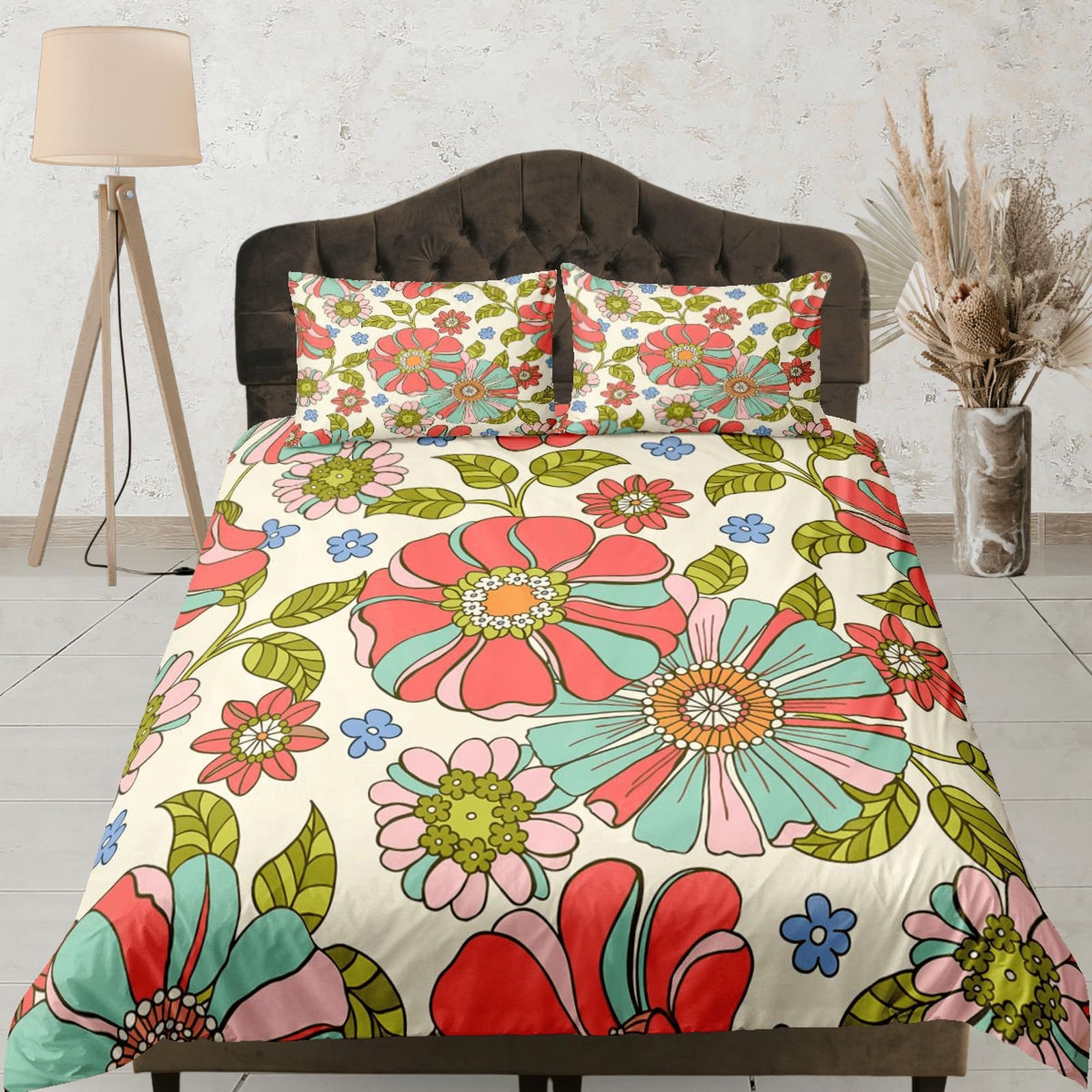 Mid century modern bedding colorful floral duvet cover colorful retro bedding, vintage style boho chic bedspread daisy sha…