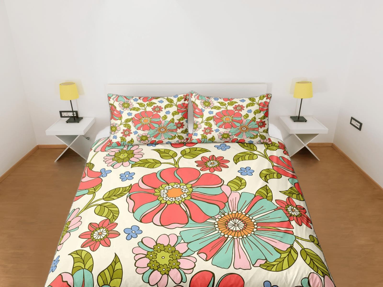 Mid century modern bedding colorful floral duvet cover colorful retro bedding, vintage style boho chic bedspread daisy sha…