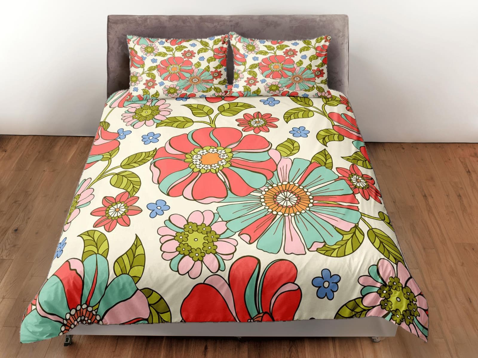 Mid century modern bedding colorful floral duvet cover colorful retro bedding, vintage style boho chic bedspread daisy sha…