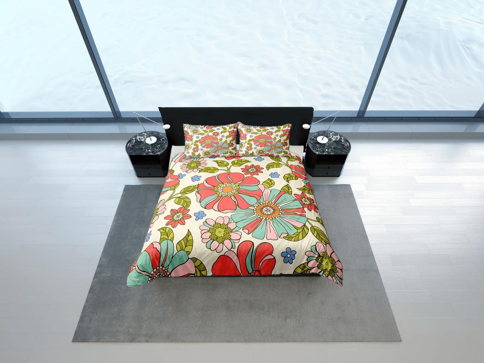 Mid century modern bedding colorful floral duvet cover colorful retro bedding, vintage style boho chic bedspread daisy sha…