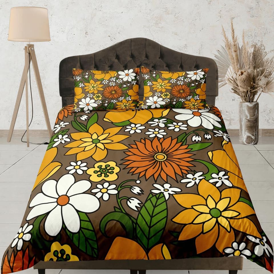 Mid century modern bedding floral duvet cover brown retro chic bedding, vintage style bedding boho maximalist bedspread ae…