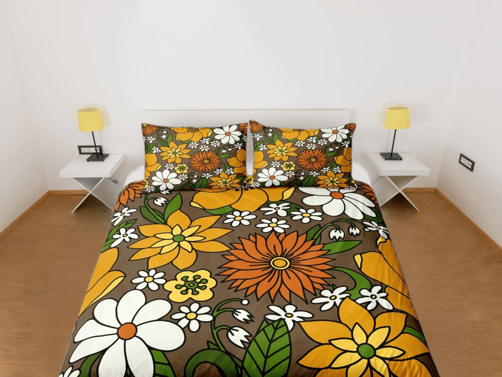Mid century modern bedding floral duvet cover brown retro chic bedding, vintage style bedding boho maximalist bedspread ae…