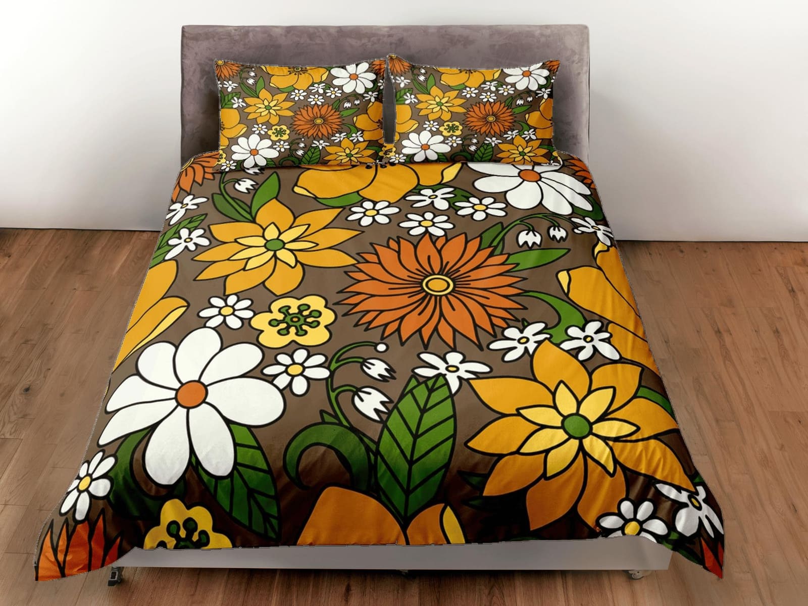 Mid century modern bedding floral duvet cover brown retro chic bedding, vintage style bedding boho maximalist bedspread ae…