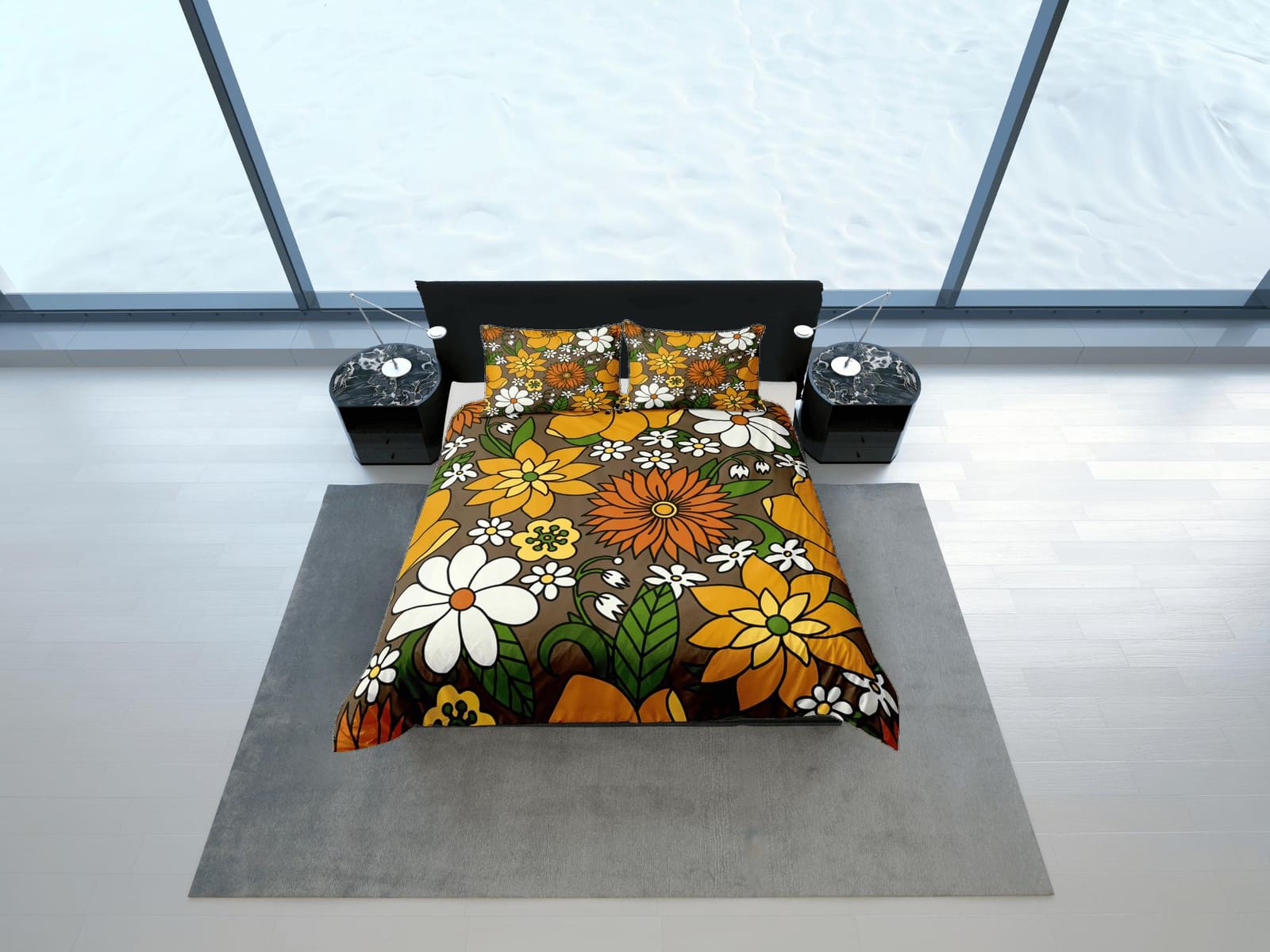 Mid century modern bedding floral duvet cover brown retro chic bedding, vintage style bedding boho maximalist bedspread ae…