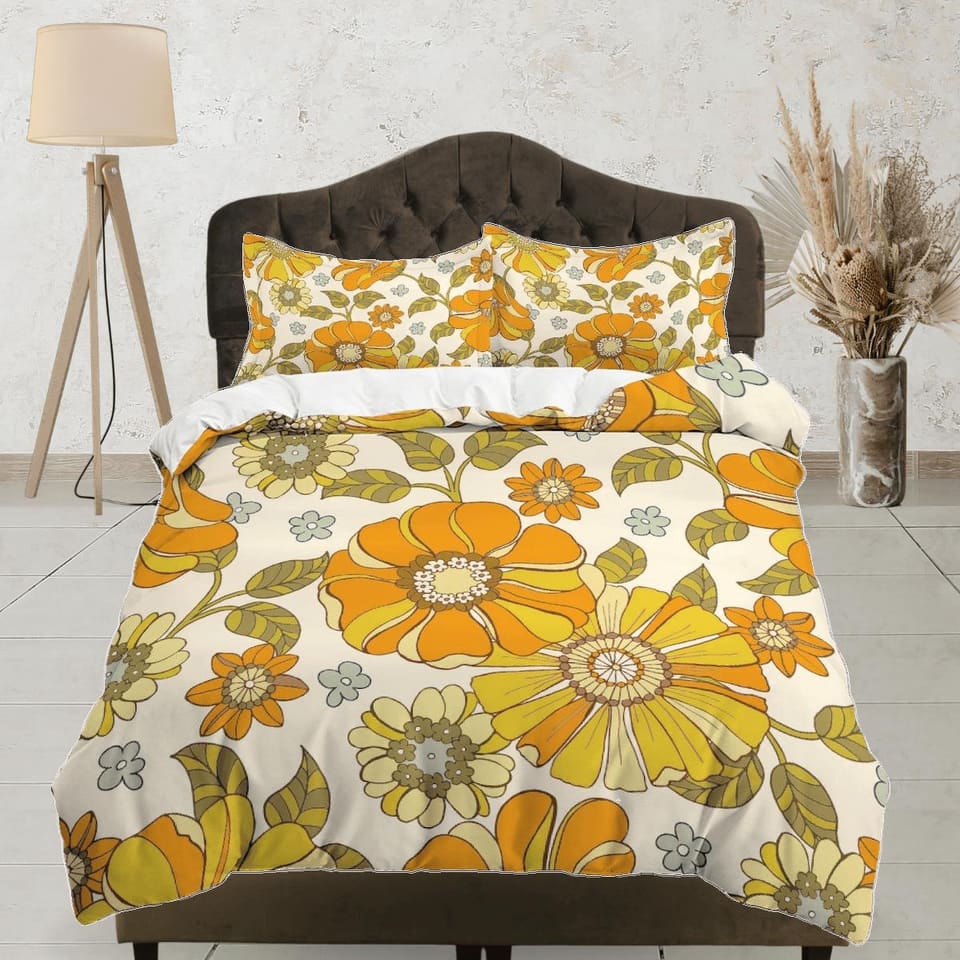 Mid century modern bedding orange floral duvet cover colorful retro bedding, vintage style boho maximalist bedspread aesth…