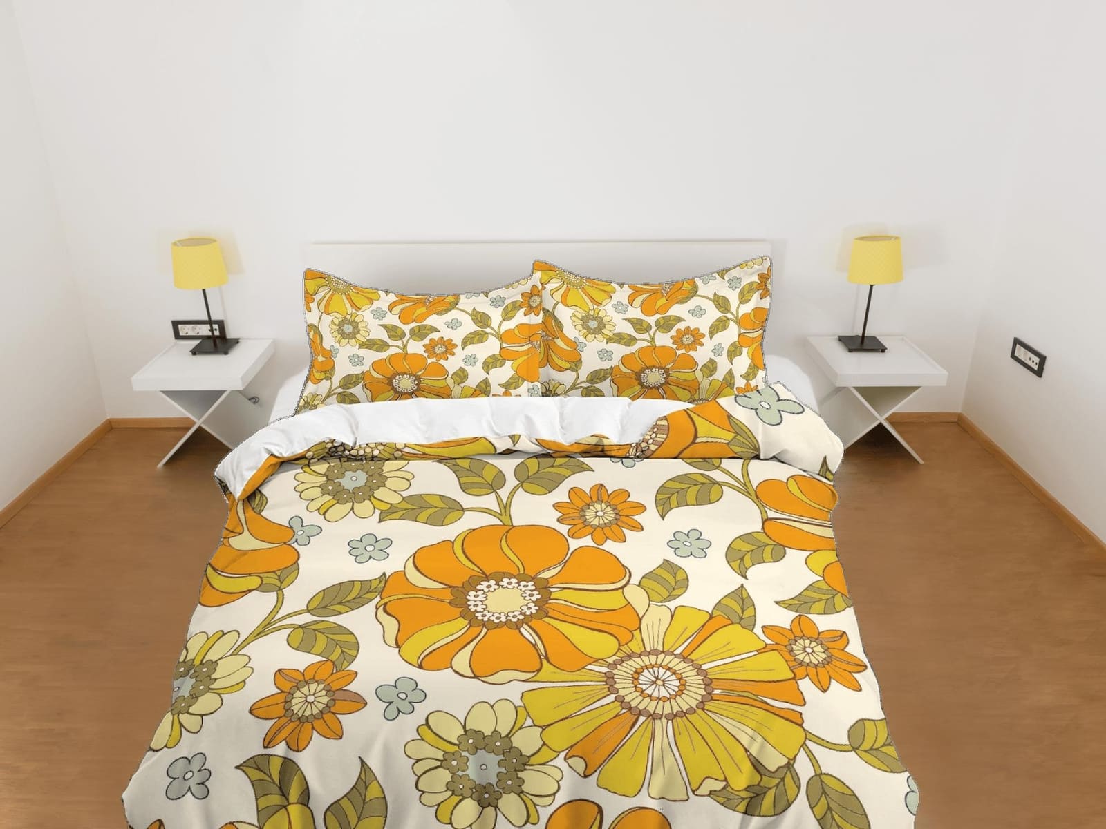 Mid century modern bedding orange floral duvet cover colorful retro bedding, vintage style boho maximalist bedspread aesth…