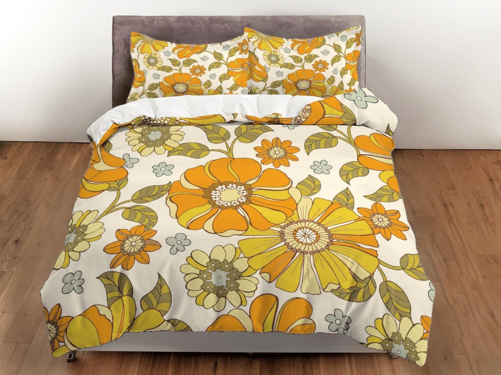 Mid century modern bedding orange floral duvet cover colorful retro bedding, vintage style boho maximalist bedspread aesth…