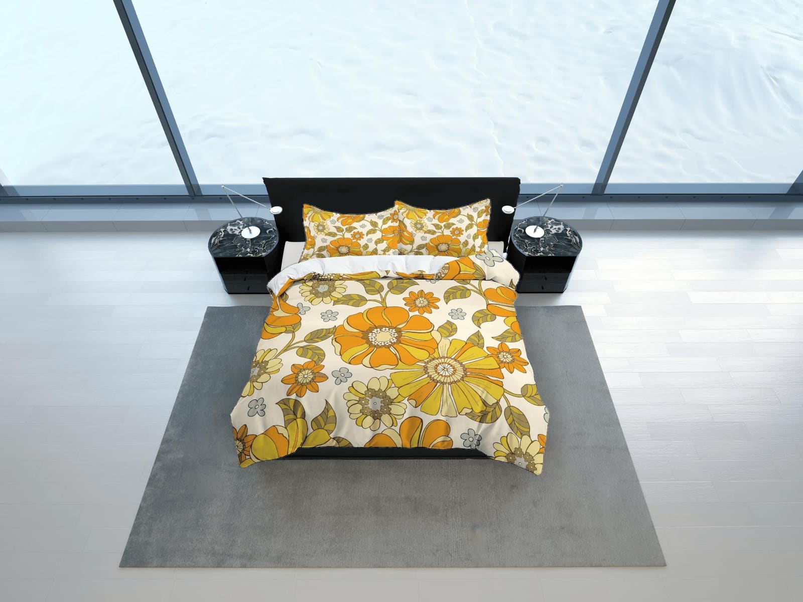 Mid century modern bedding orange floral duvet cover colorful retro bedding, vintage style boho maximalist bedspread aesth…