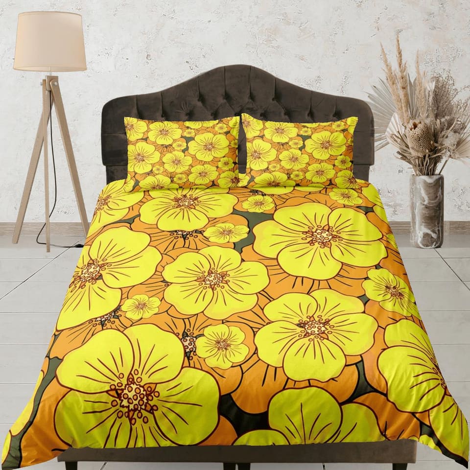 Mid century modern bedding yellow floral duvet cover colorful retro bedding, vintage style boho chic decor bedspread shabb…