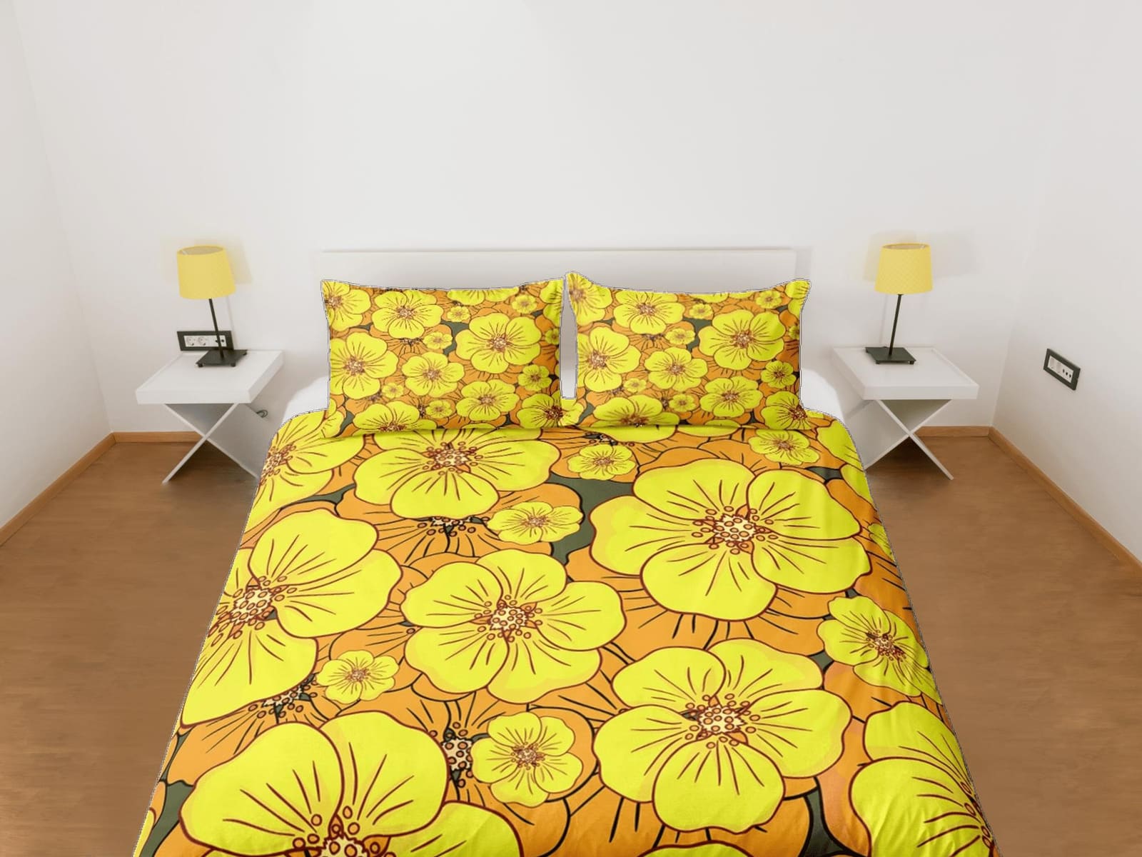 Mid century modern bedding yellow floral duvet cover colorful retro bedding, vintage style boho chic decor bedspread shabb…