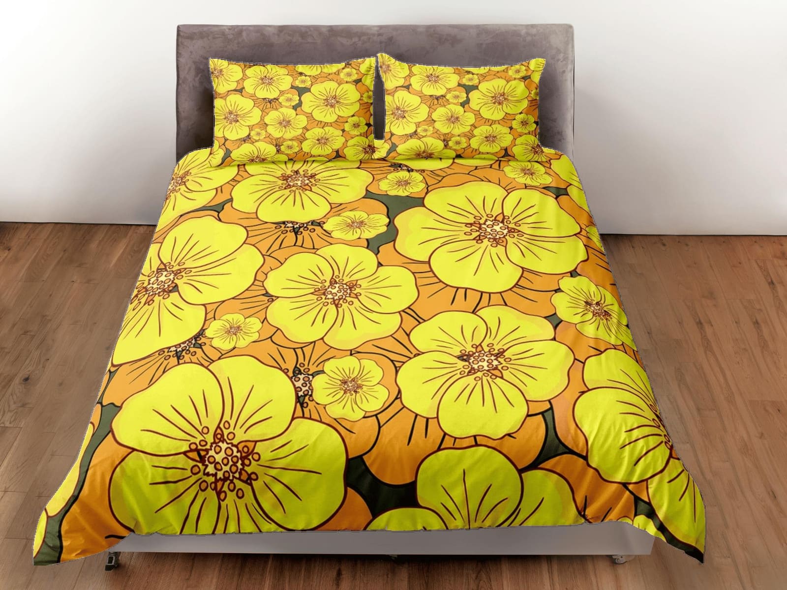 Mid century modern bedding yellow floral duvet cover colorful retro bedding, vintage style boho chic decor bedspread shabb…