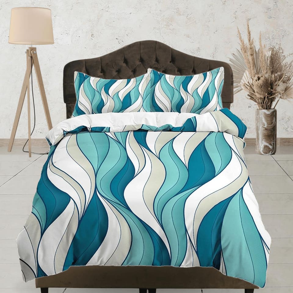 Mid century modern bedroom art set aquamarine duvet cover, aesthetic room decor boho chic bedding set full, colorful maxim…