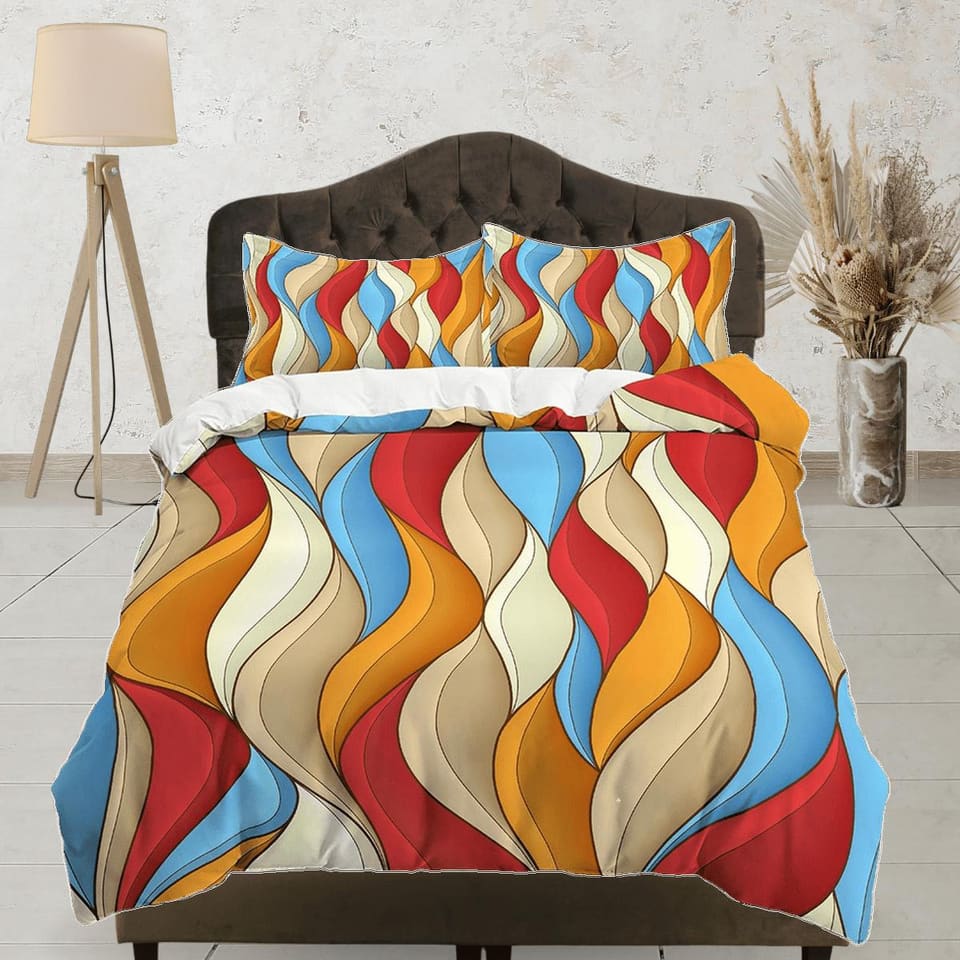 Mid century modern bedroom art set blue red beige retro duvet cover, aesthetic room decor boho chic bedding set full, maxi…