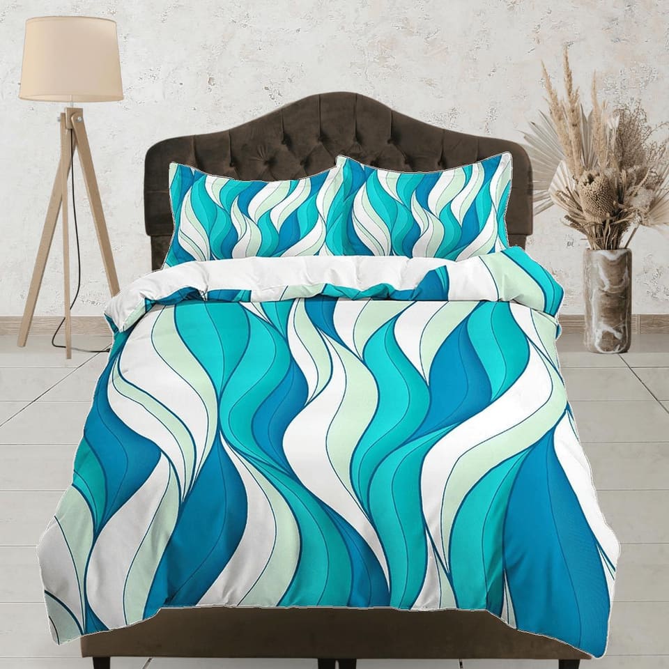 Mid century modern bedroom art set cyan blue duvet cover, aesthetic room decor boho chic bedding set full king, colorful m…