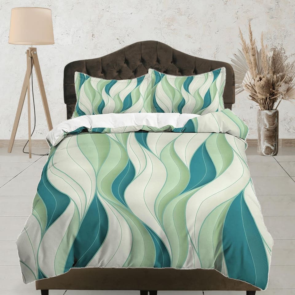 Mid century modern bedroom art set forest green duvet cover, aesthetic room decor boho chic bedding set full king, colorfu…