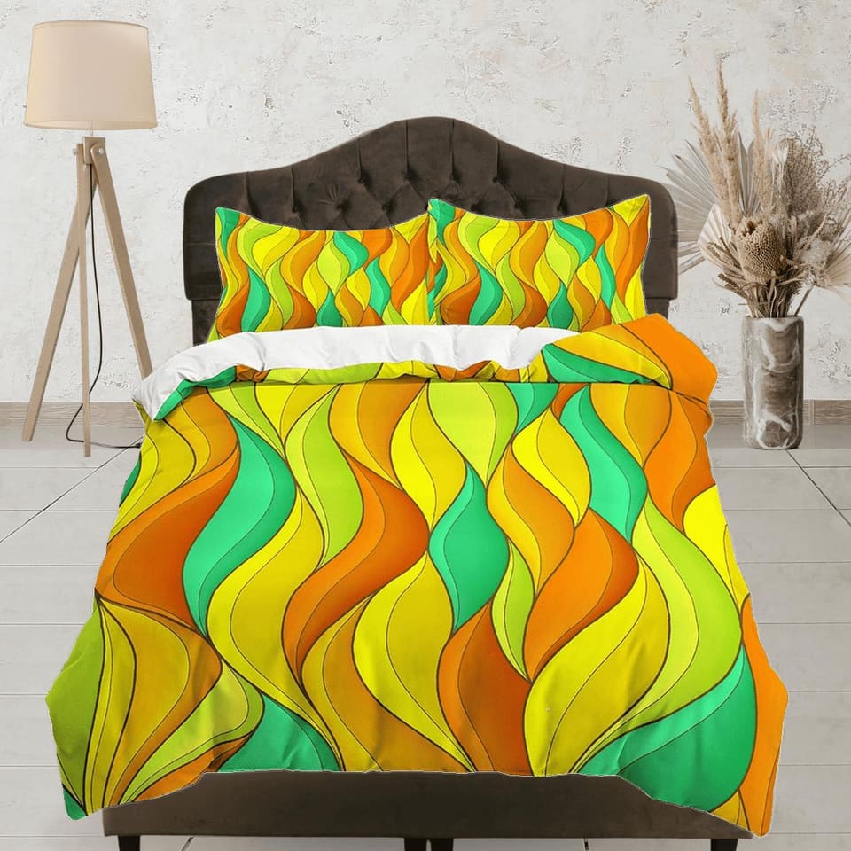 Mid century modern bedroom art set green yellow orange duvet cover, aesthetic room decor boho chic bedding set full, maxim…