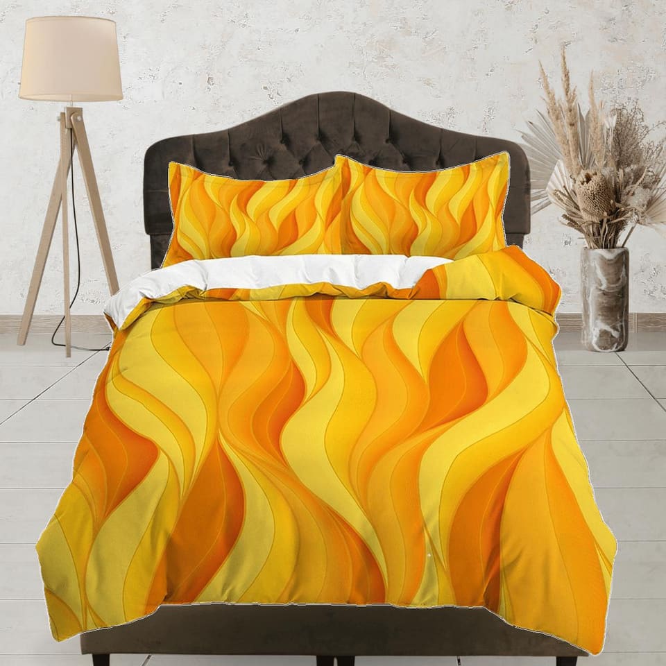 Mid century modern bedroom art set orange yellow duvet cover, aesthetic room decor boho chic bedding set full, colorful ma…