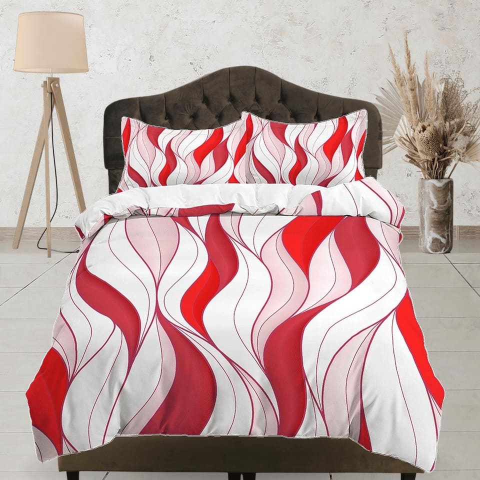 Mid century modern bedroom art set red and white duvet cover, aesthetic room decor boho chic bedding set full, colorful ma…