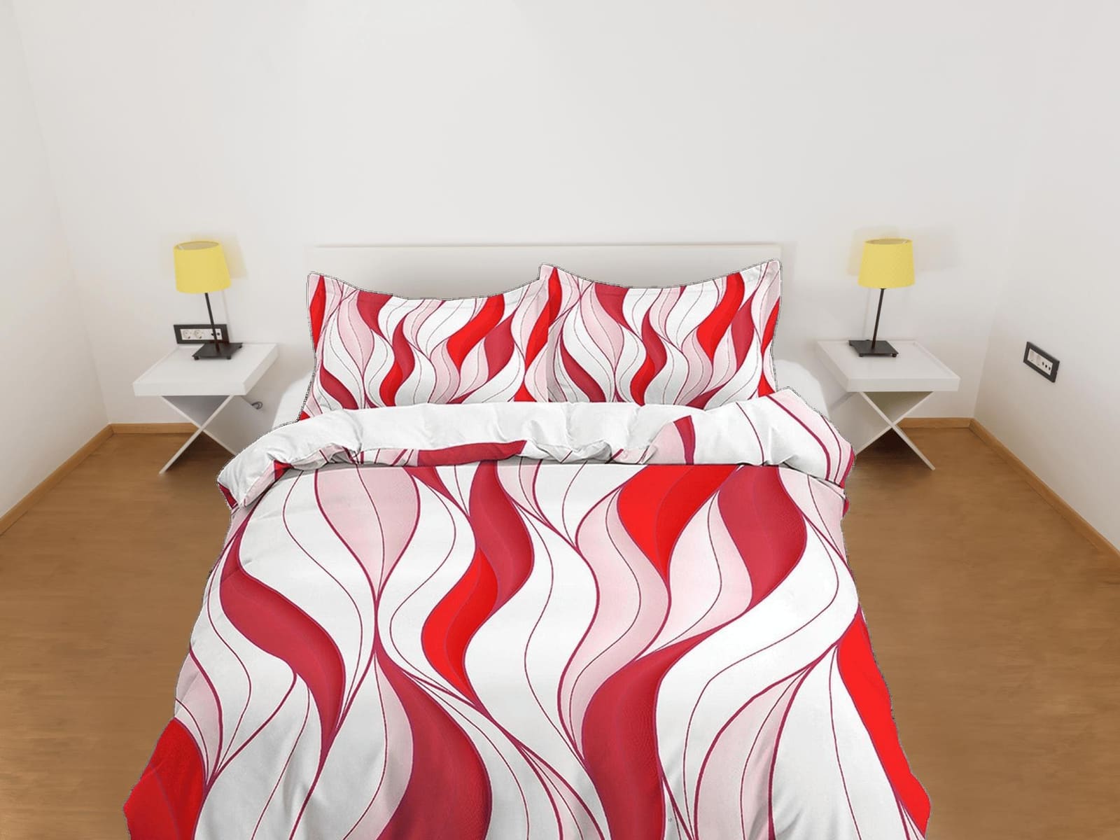 Mid century modern bedroom art set red and white duvet cover, aesthetic room decor boho chic bedding set full, colorful ma…