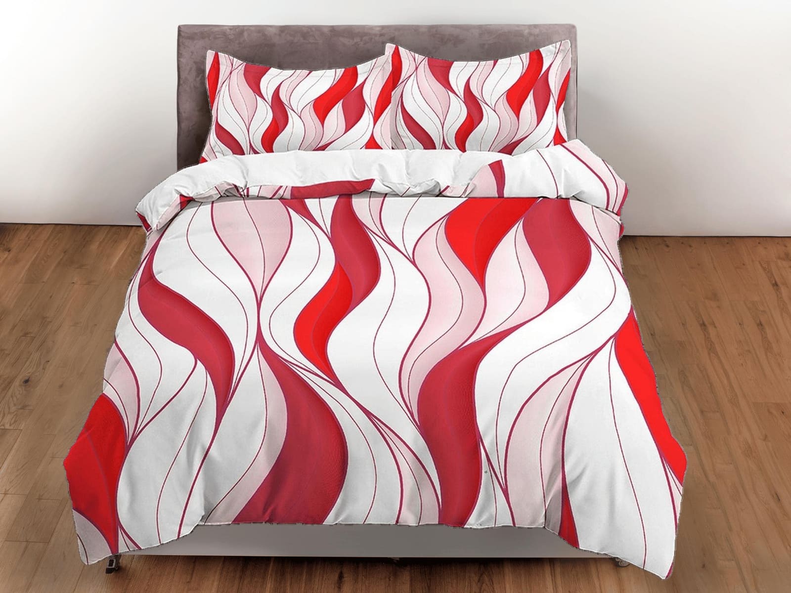 Mid century modern bedroom art set red and white duvet cover, aesthetic room decor boho chic bedding set full, colorful ma…