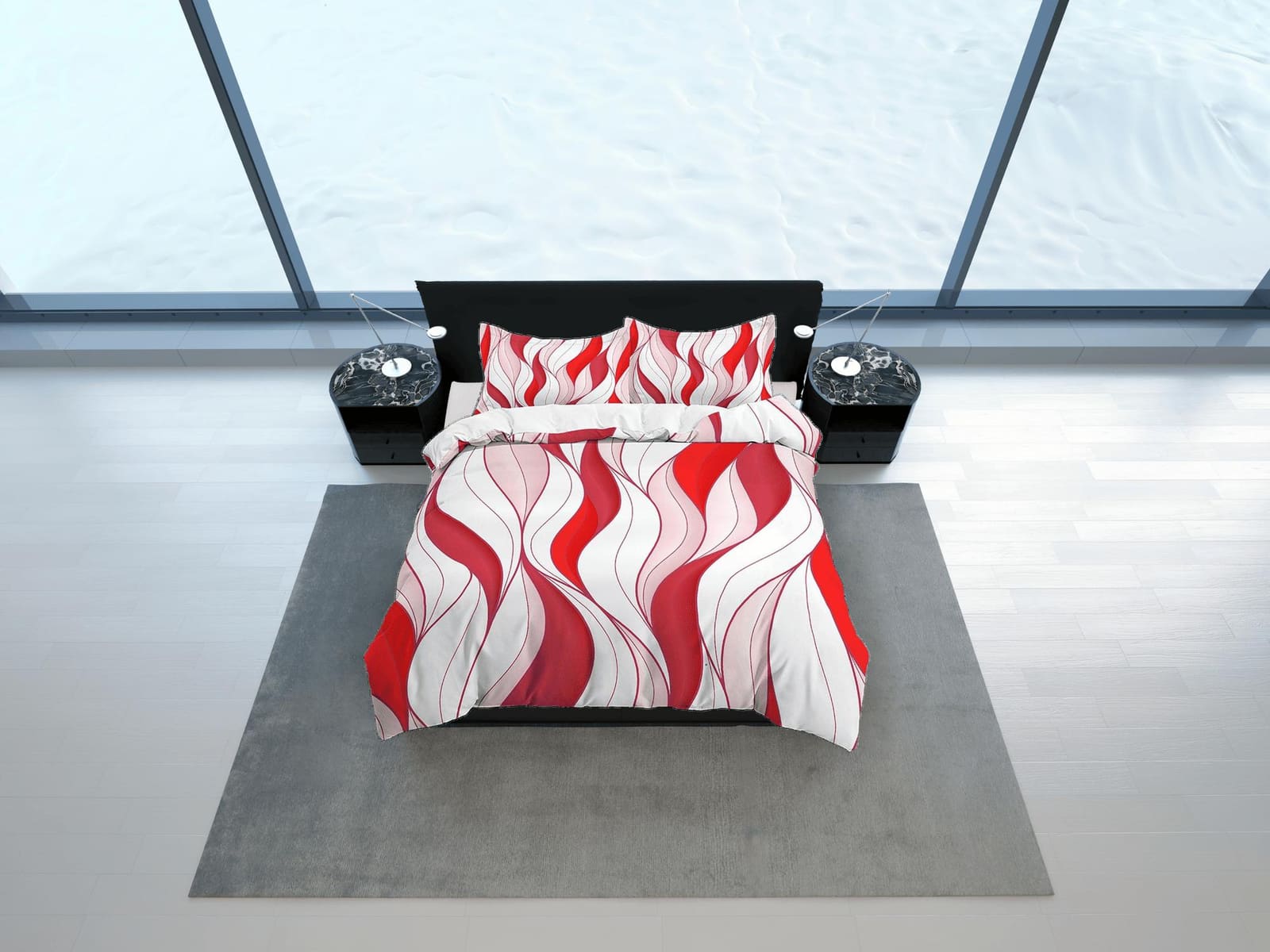 Mid century modern bedroom art set red and white duvet cover, aesthetic room decor boho chic bedding set full, colorful ma…
