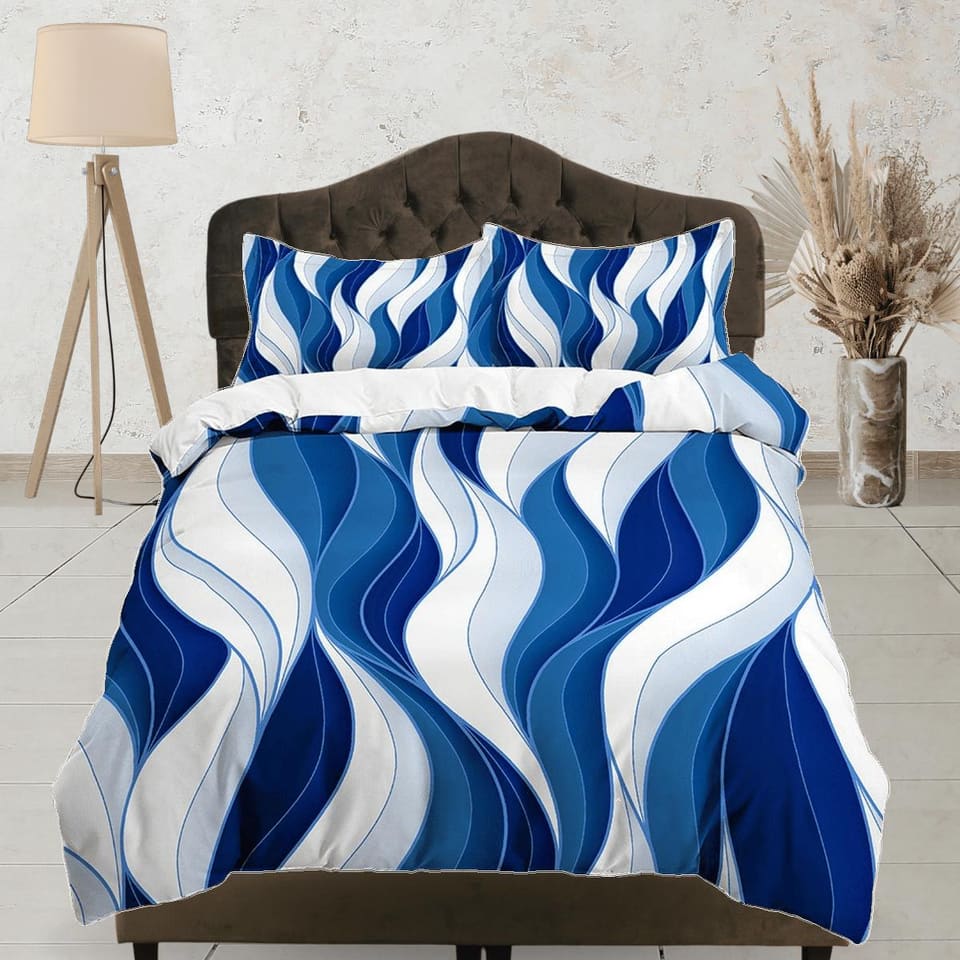 Mid century modern bedroom art set white and blue duvet cover, aesthetic room decor boho chic bedding set full, colorful m…