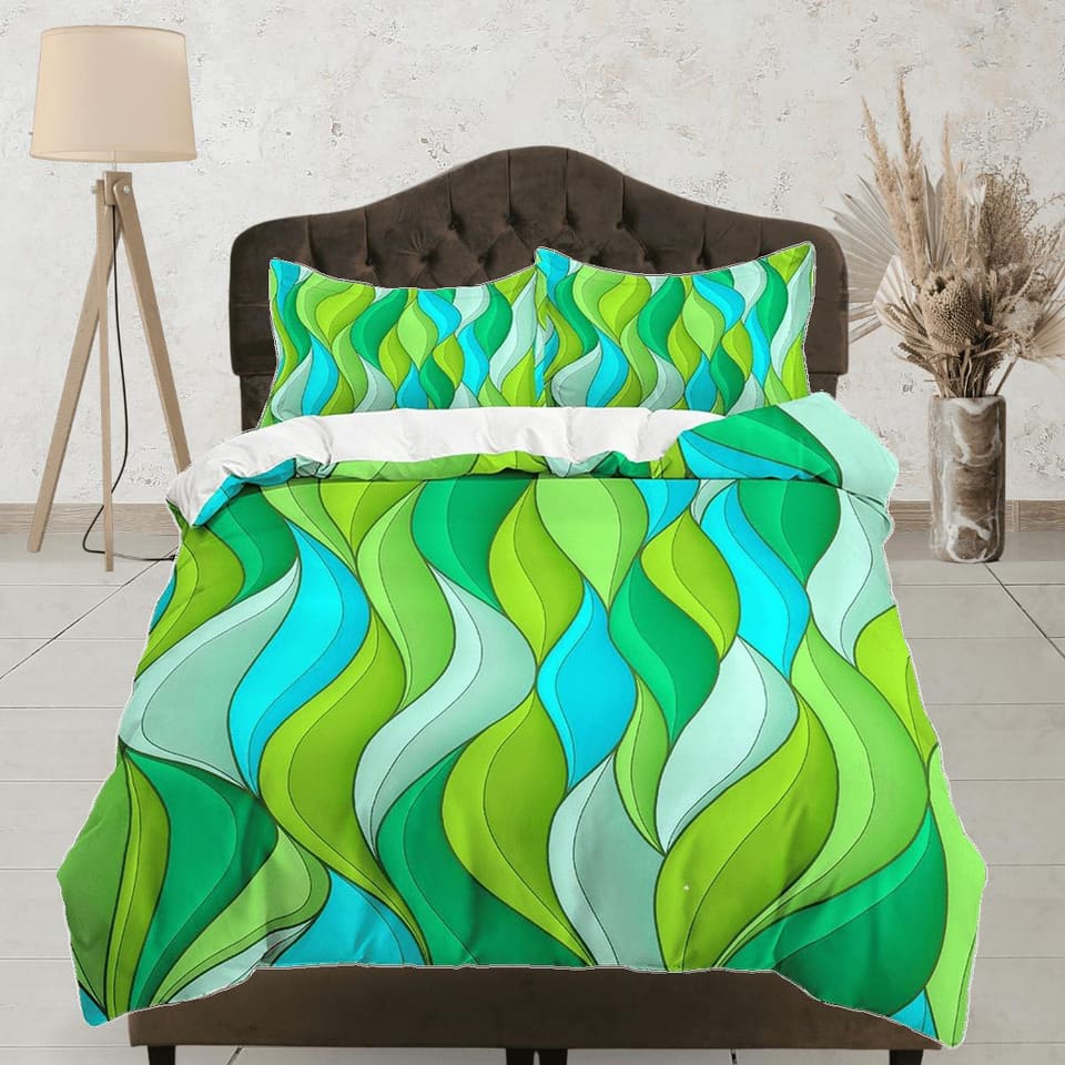 Mid century modern bedroom art set yellow green and cyan blue duvet cover, aesthetic room decor boho chic bedding set full…