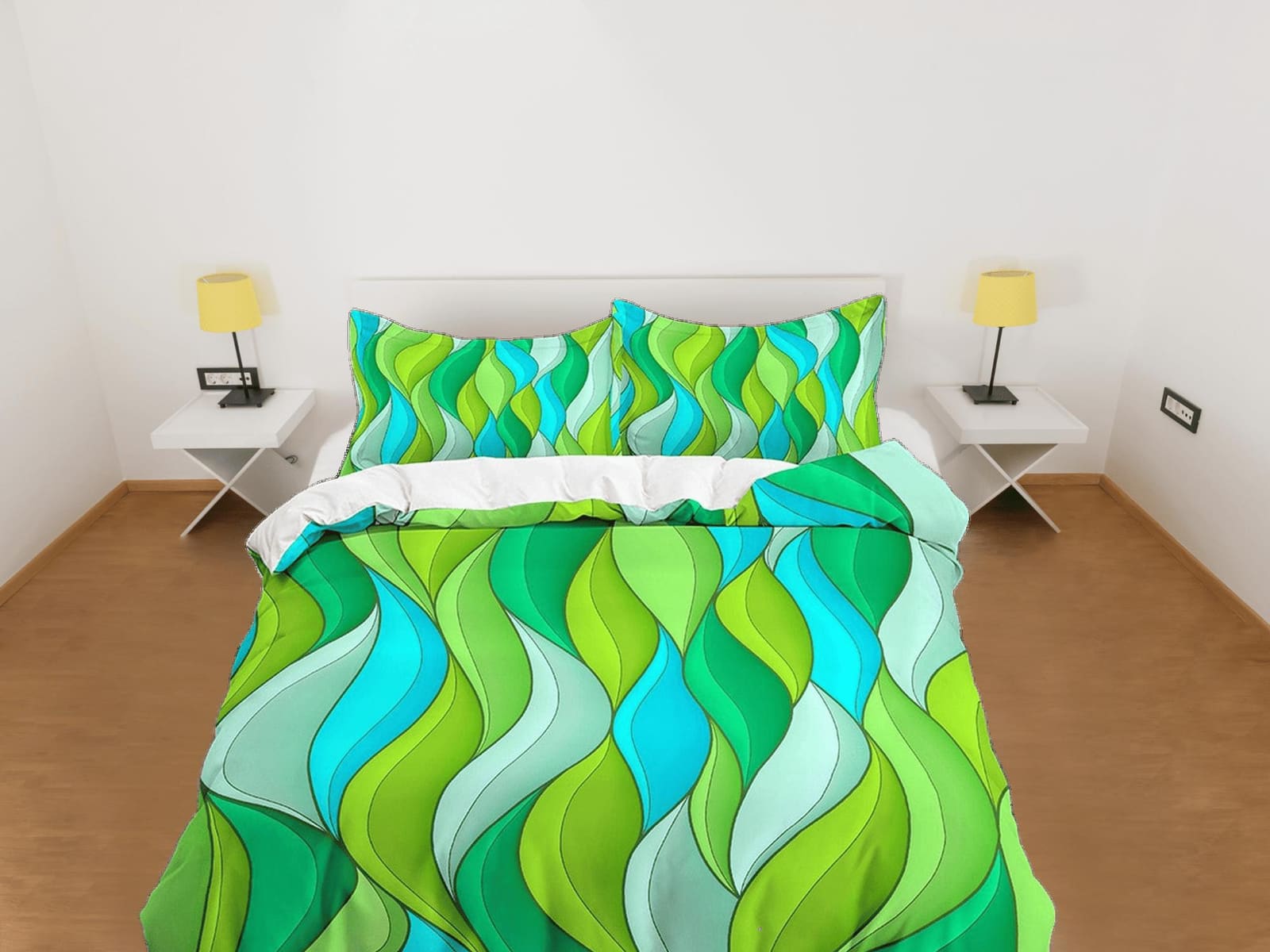 Mid century modern bedroom art set yellow green and cyan blue duvet cover, aesthetic room decor boho chic bedding set full…