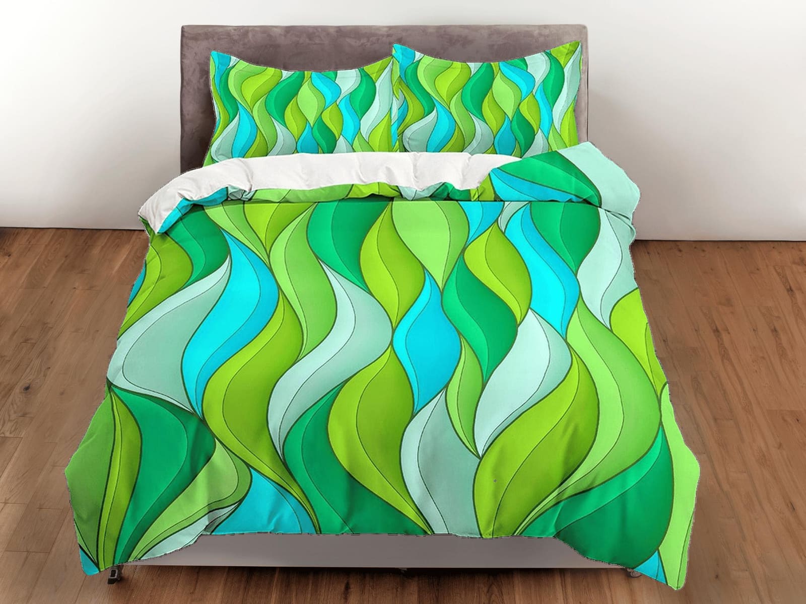 Mid century modern bedroom art set yellow green and cyan blue duvet cover, aesthetic room decor boho chic bedding set full…