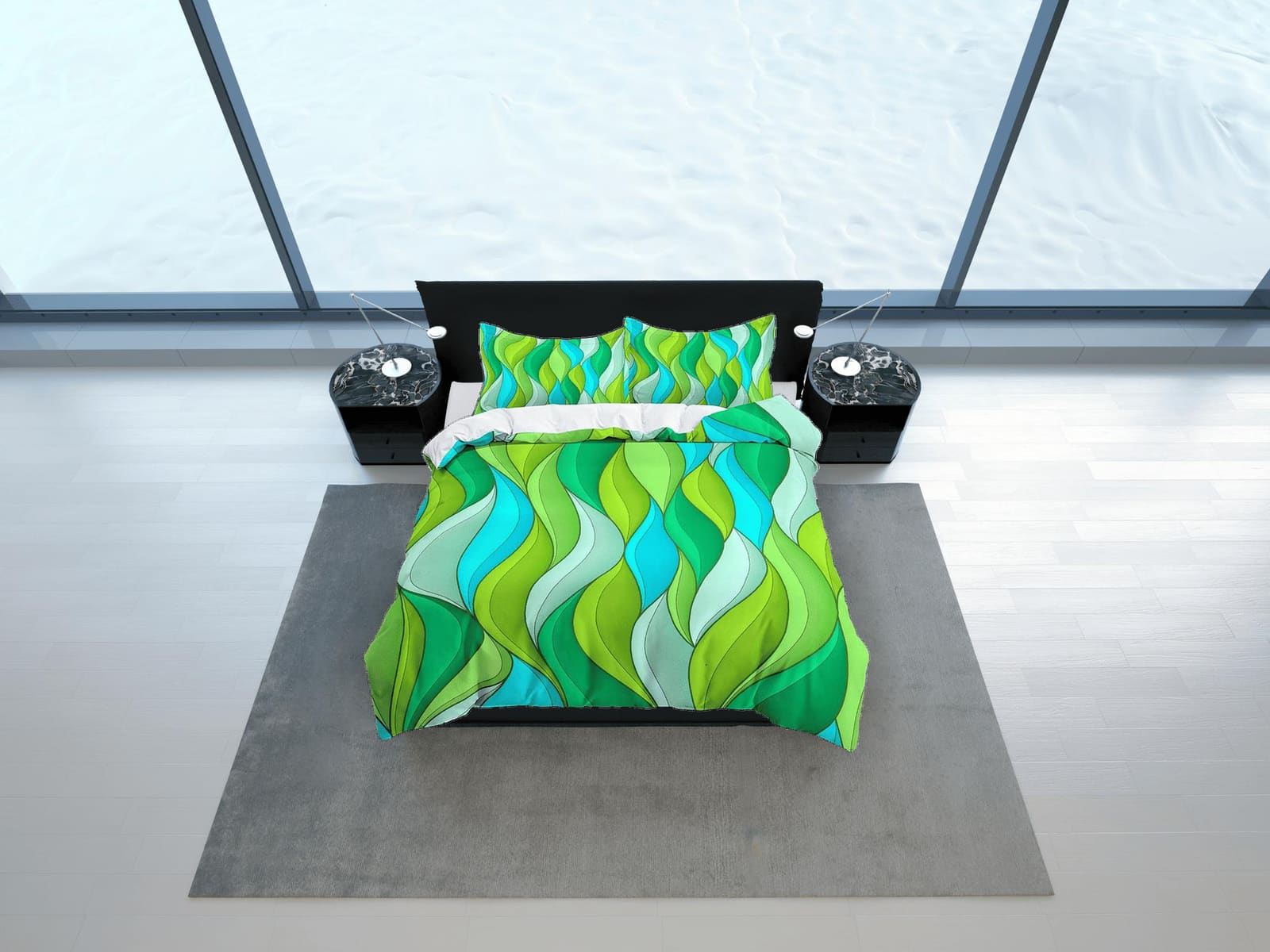 Mid century modern bedroom art set yellow green and cyan blue duvet cover, aesthetic room decor boho chic bedding set full…