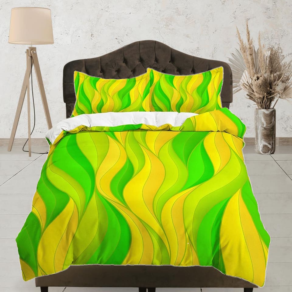 Mid century modern bedroom art set yellow green duvet cover, aesthetic room decor boho chic bedding set full, colorful max…