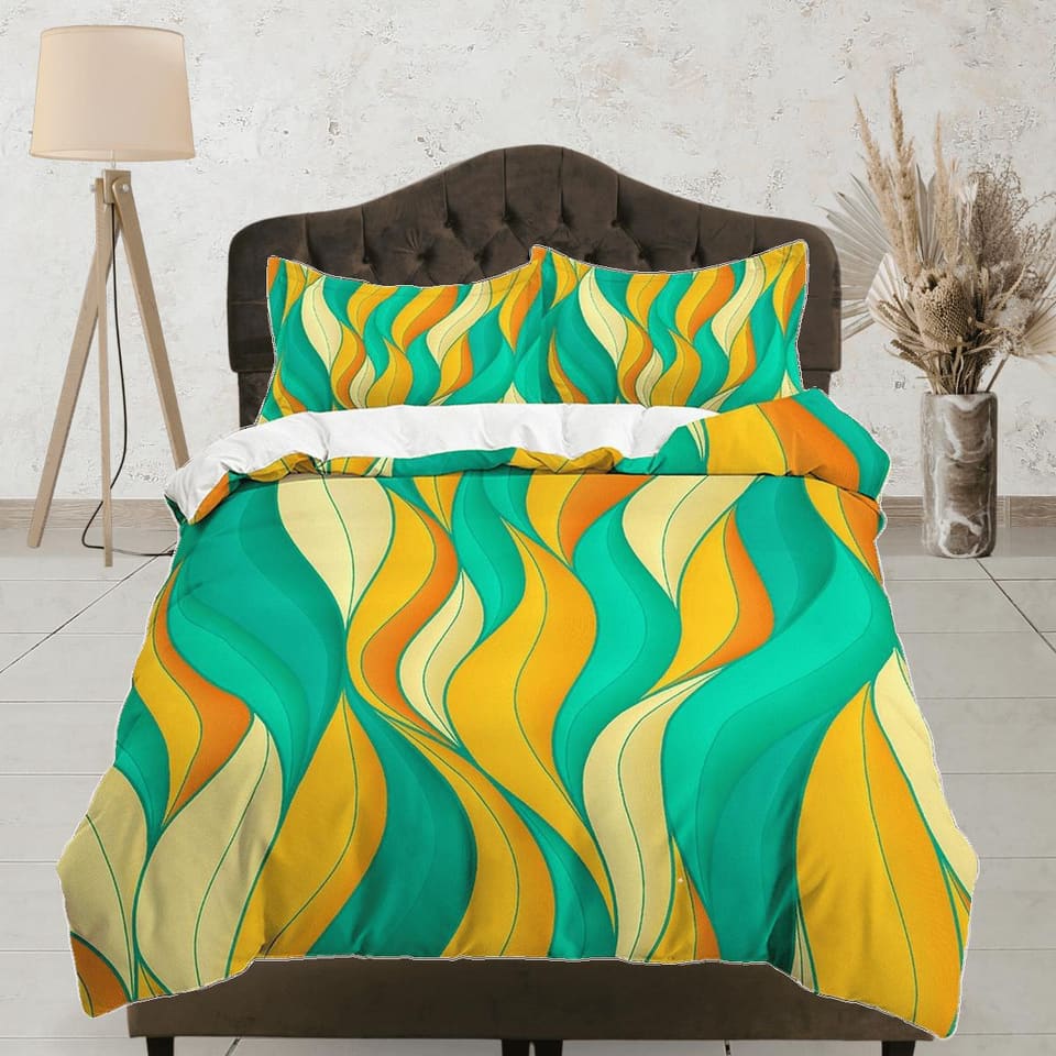 Mid century modern bedroom art set yellow orange green duvet cover, aesthetic room decor boho chic bedding set full king q…