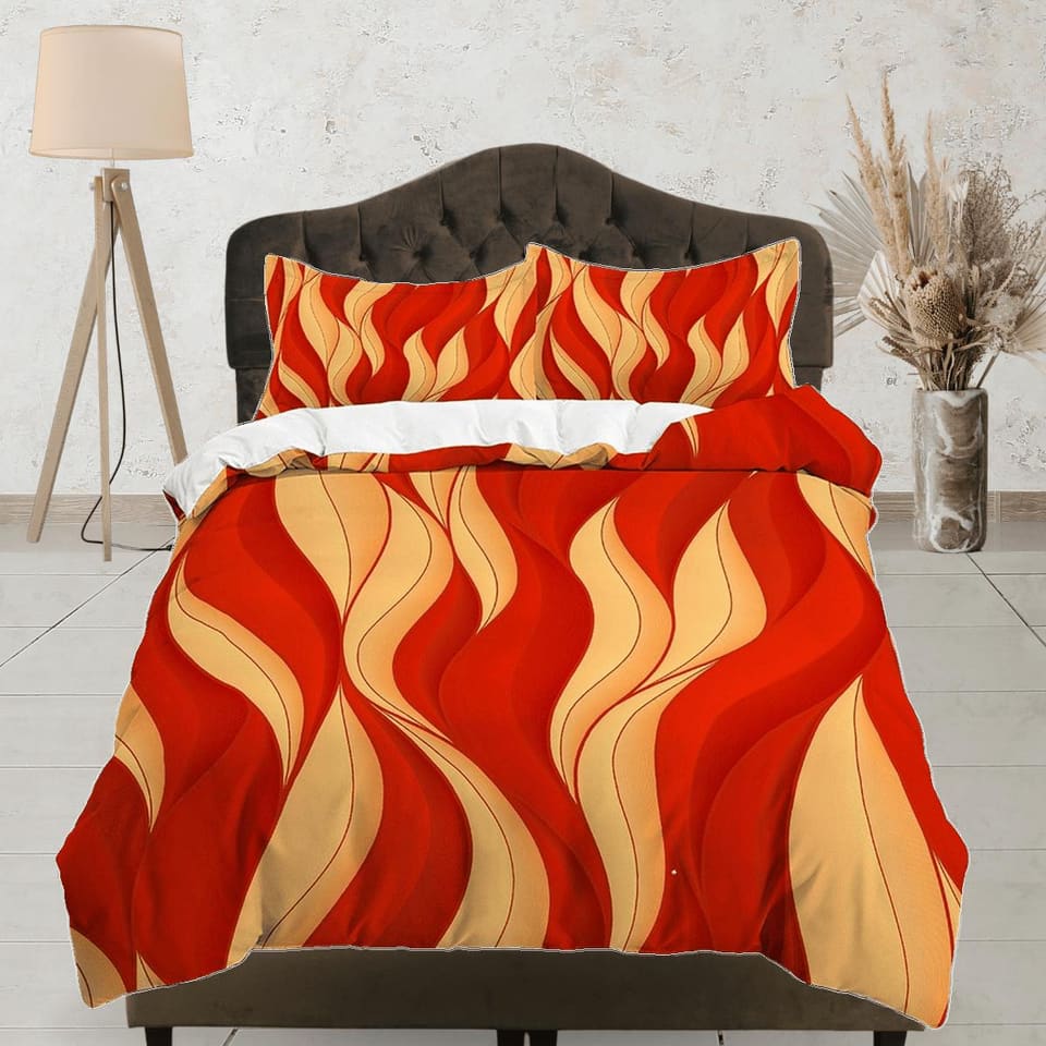 Mid century modern bedroom art set yellow orange red duvet cover, aesthetic room decor boho chic bedding set full, colorfu…