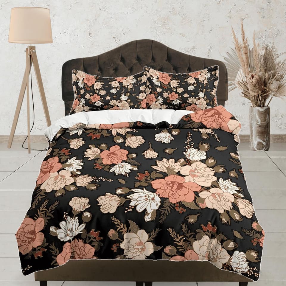 Mid century modern black floral duvet cover queen, king, boho duvet, designer bedding, aesthetic bedding, maximalist full…