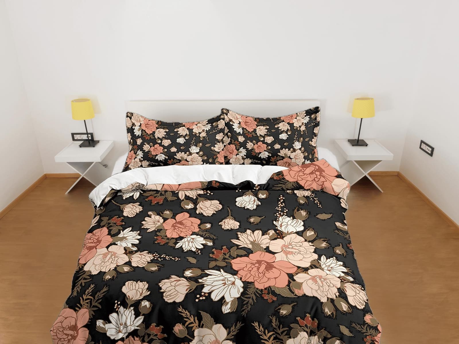 Mid century modern black floral duvet cover queen, king, boho duvet, designer bedding, aesthetic bedding, maximalist full…