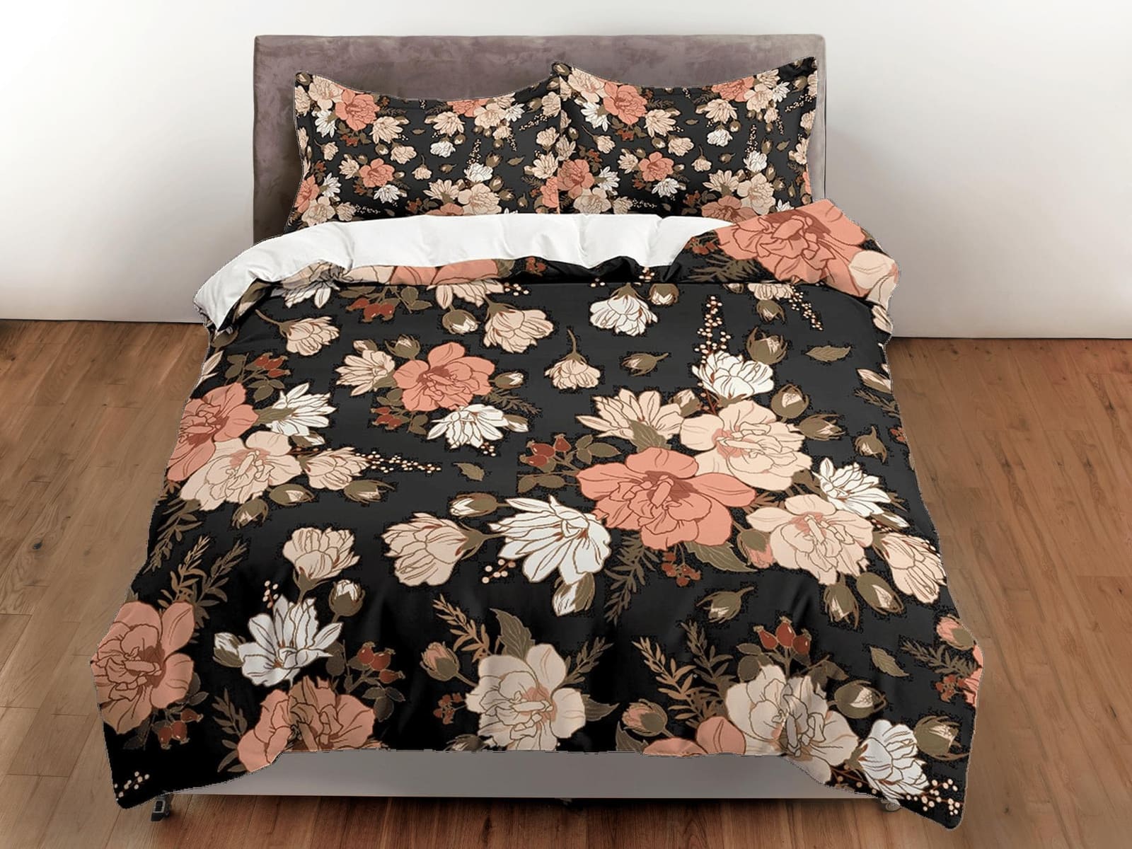 Mid century modern black floral duvet cover queen, king, boho duvet, designer bedding, aesthetic bedding, maximalist full…