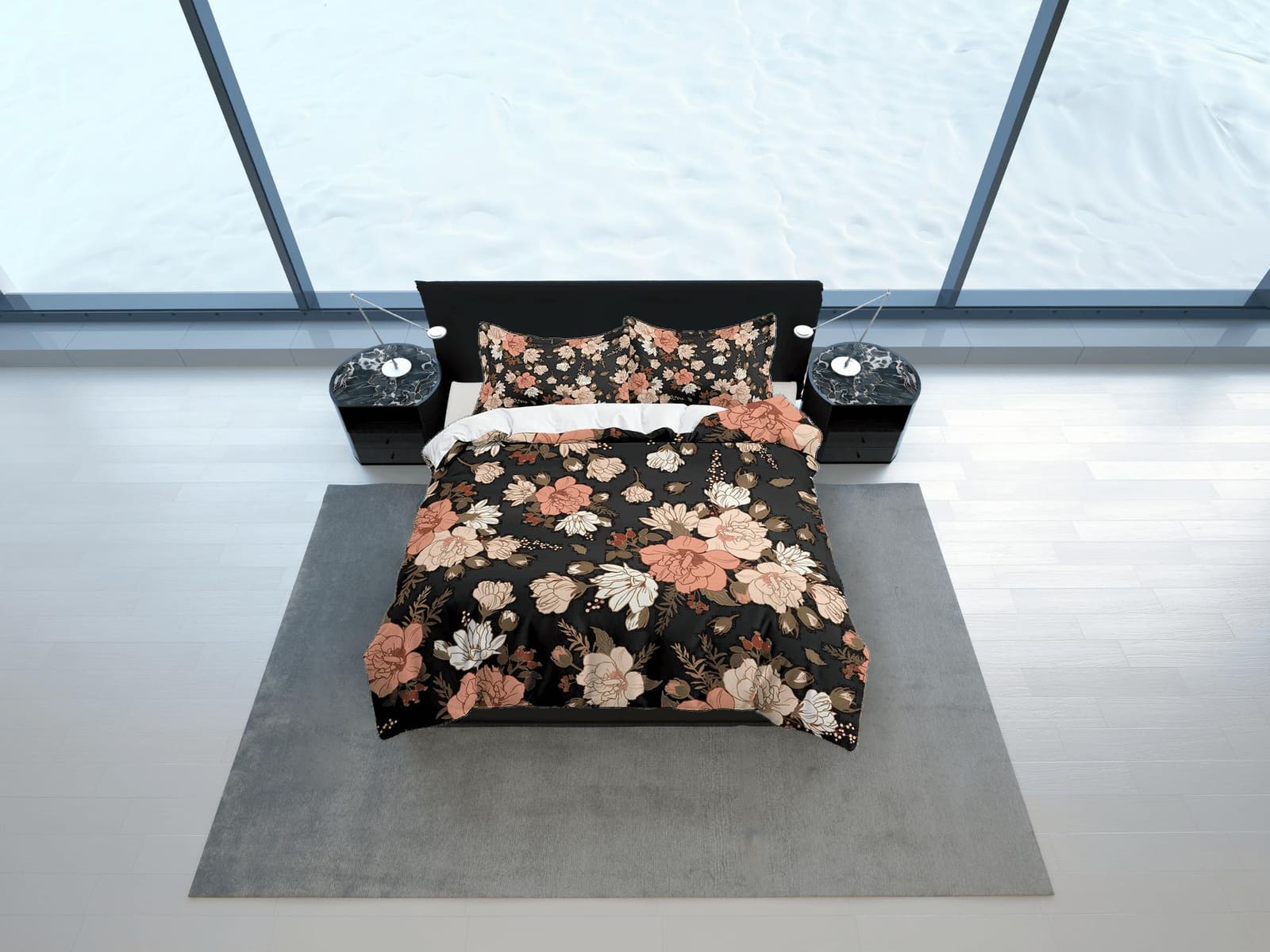 Mid century modern black floral duvet cover queen, king, boho duvet, designer bedding, aesthetic bedding, maximalist full…