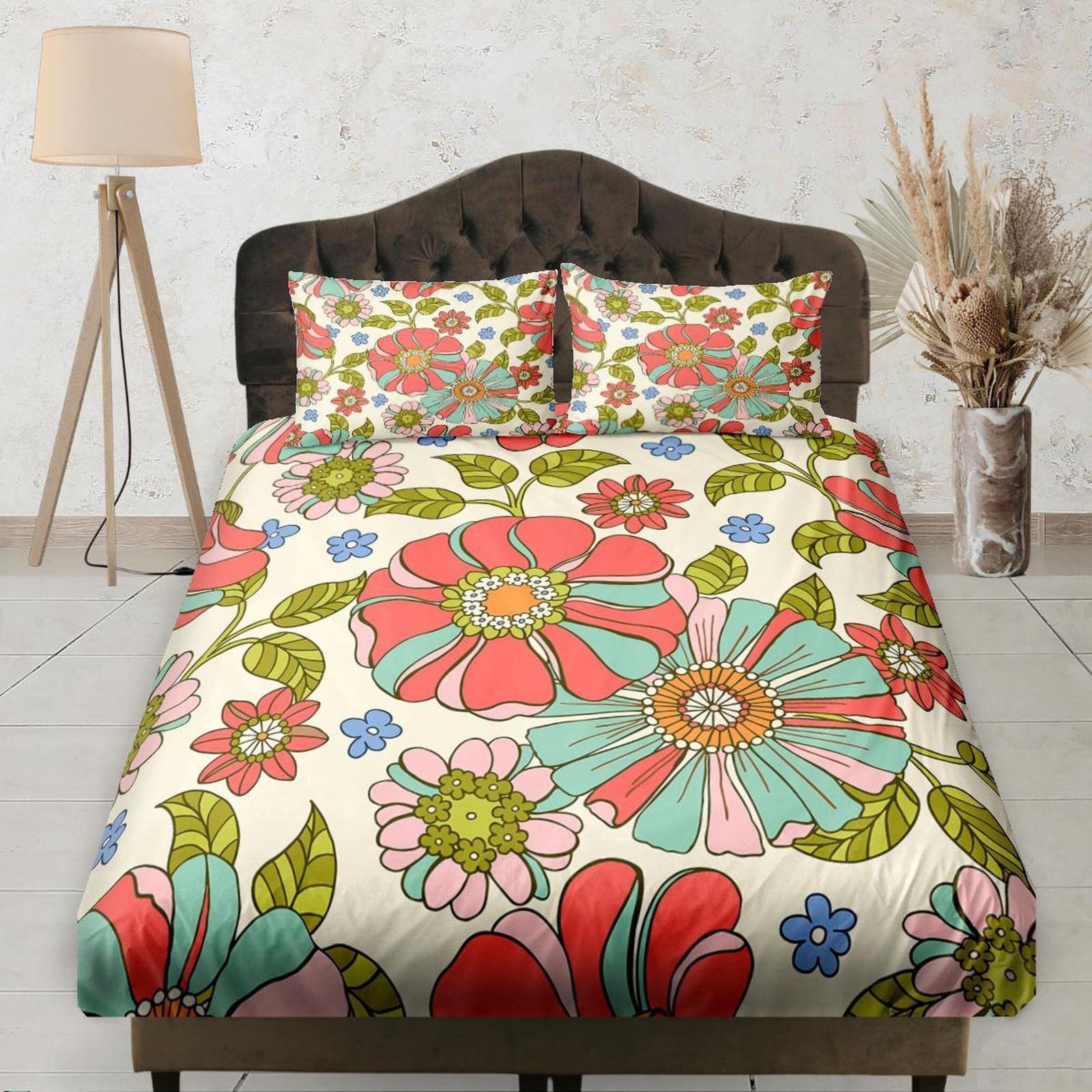 Mid Century Modern Fitted Sheet Deep Pocket, Colorful Floral Prints, Aesthetic Boho Bedding Set Full, Elastic Bedsheet, Do…
