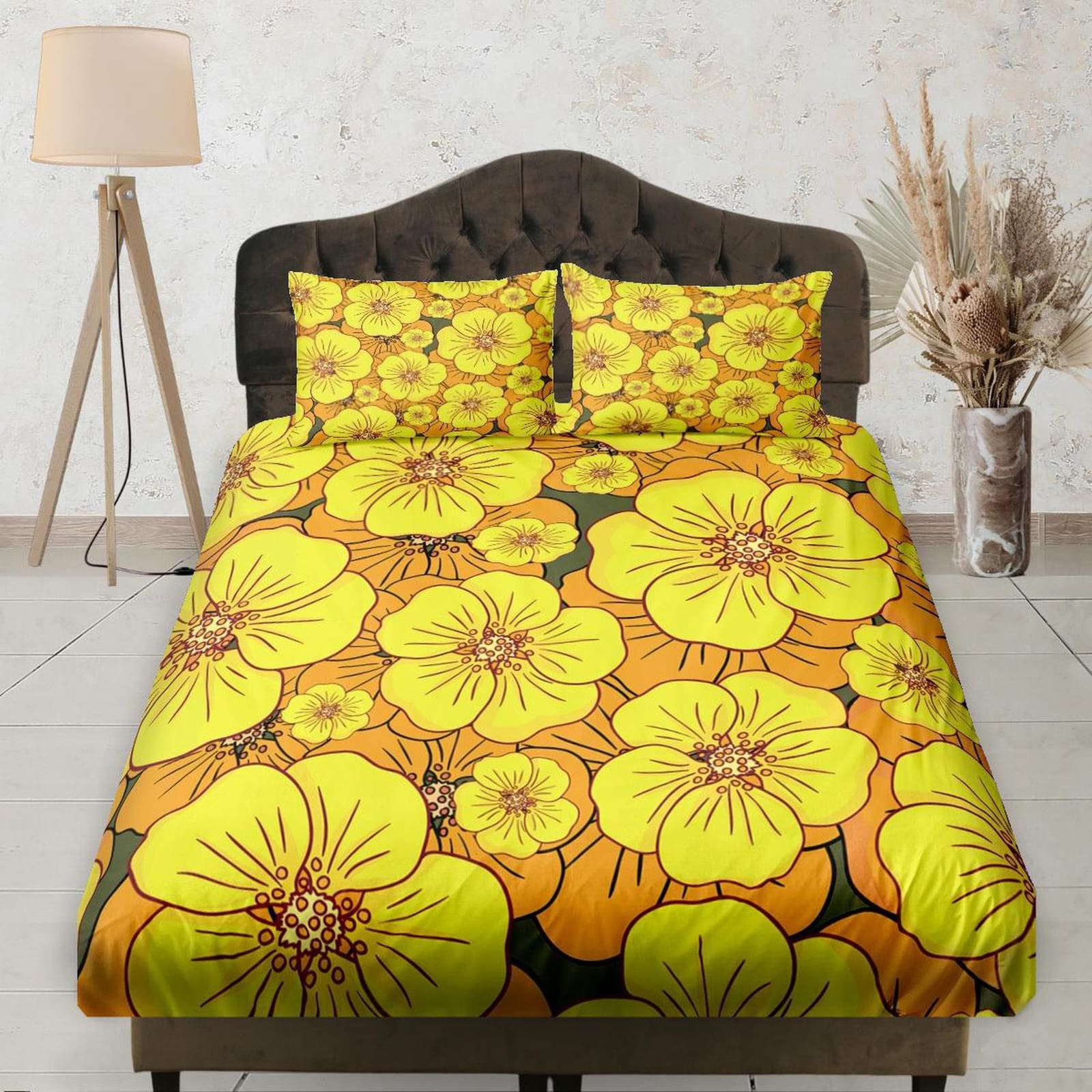 Mid Century Modern Fitted Sheet Deep Pocket, Yellow Orange Floral Prints, Aesthetic Boho Bedding Set Full, Elastic Bedshee…