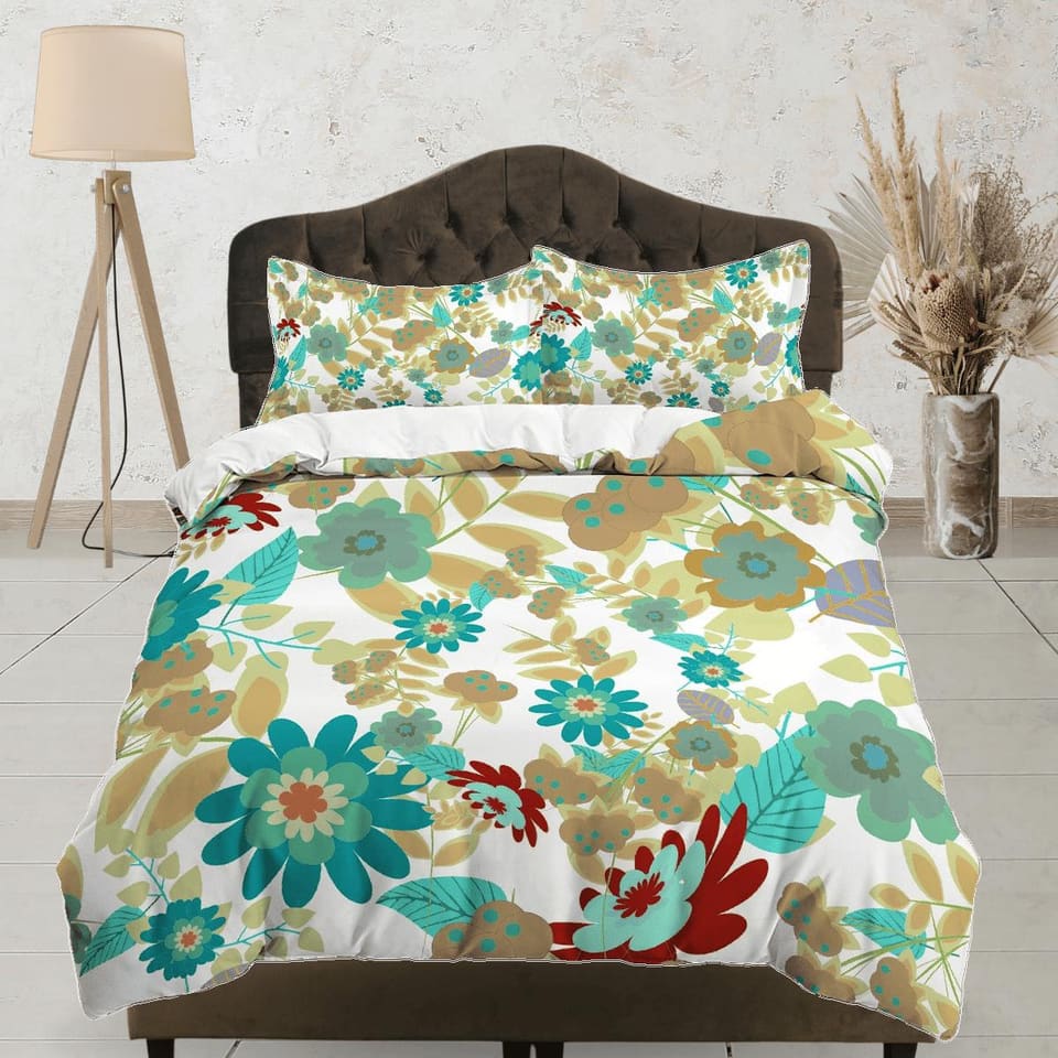 Mid century modern green floral bedding, aesthetic duvet cover queen, king, boho duvet, designer full size bedding maximal…