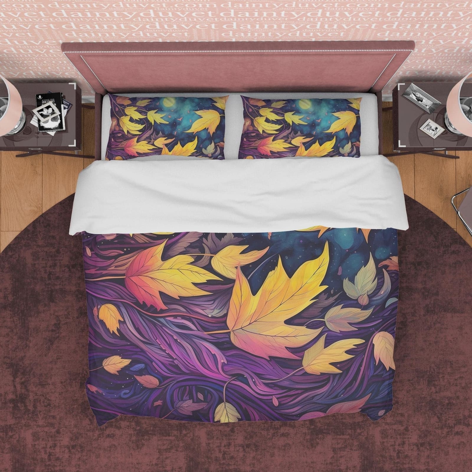 Midnight Purple Fall Duvet Cover Dried Leaf  Bedding Set, Warm Autumn Colors Printed Quilt Cover, Foliage Bedspread, Yello…