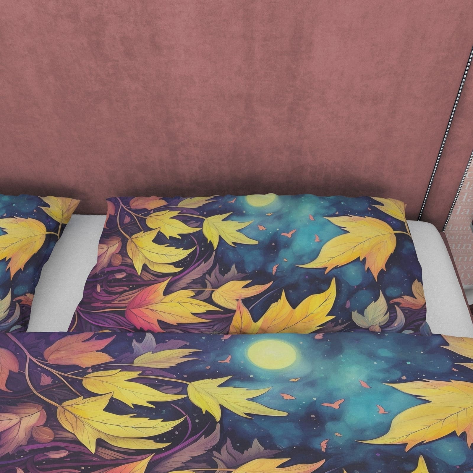 Midnight Purple Fall Duvet Cover Dried Leaf  Bedding Set, Warm Autumn Colors Printed Quilt Cover, Foliage Bedspread, Yello…