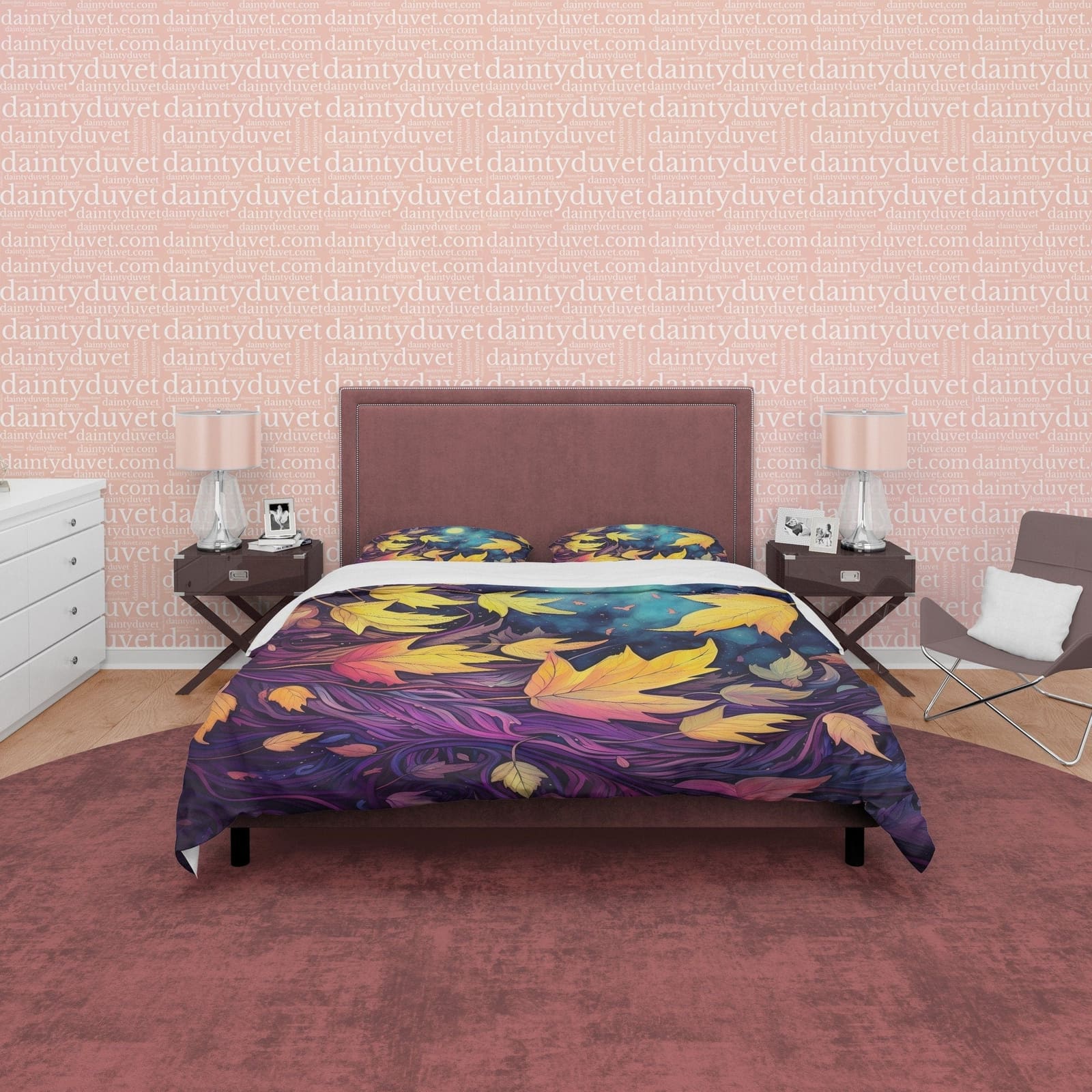 Midnight Purple Fall Duvet Cover Dried Leaf  Bedding Set, Warm Autumn Colors Printed Quilt Cover, Foliage Bedspread, Yello…