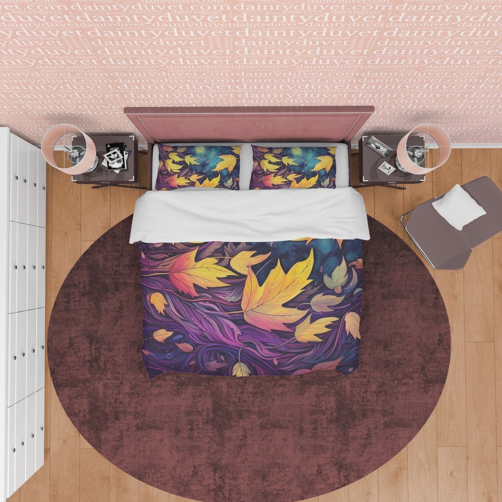 Midnight Purple Fall Duvet Cover Dried Leaf  Bedding Set, Warm Autumn Colors Printed Quilt Cover, Foliage Bedspread, Yello…