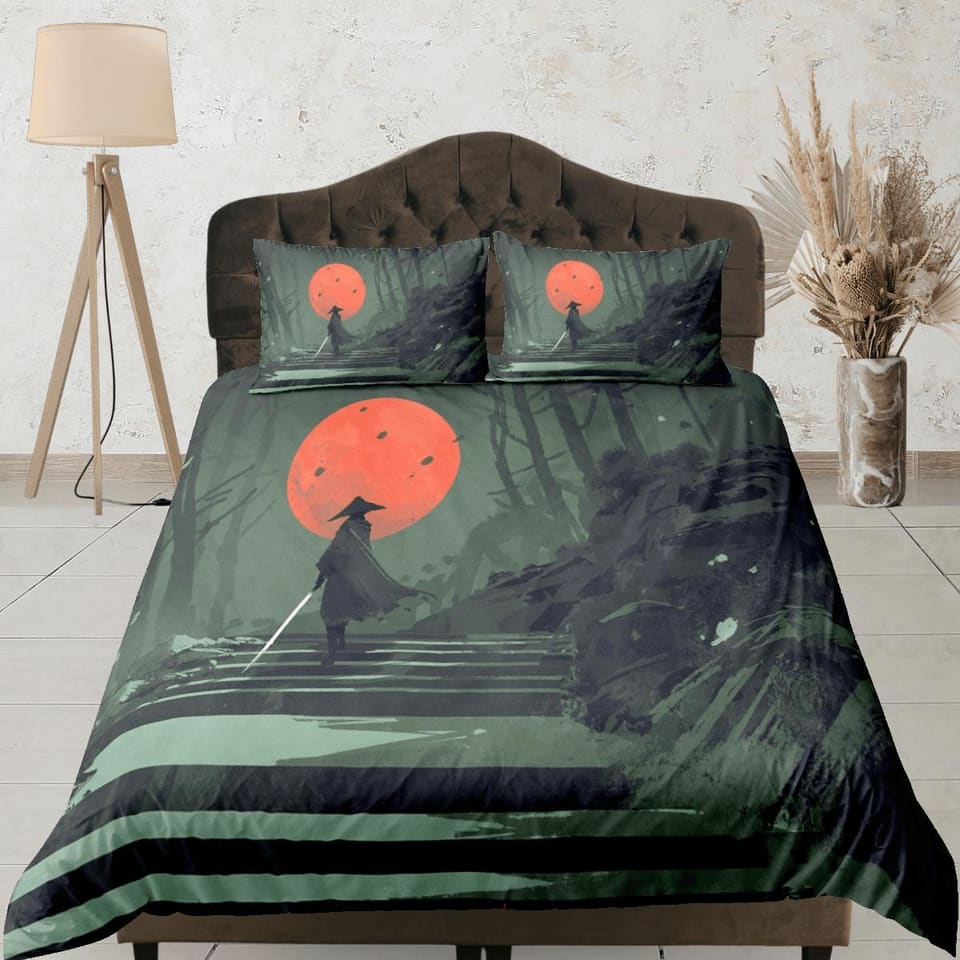 Military green oriental bedding, samurai on japanese duvet cover set for king, queen, full, twin, single bed, aesthetic zi…