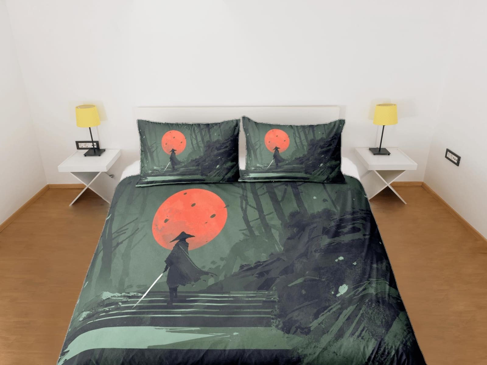 Military green oriental bedding, samurai on japanese duvet cover set for king, queen, full, twin, single bed, aesthetic zi…