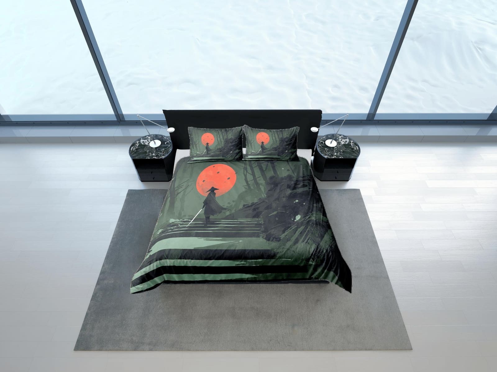 Military green oriental bedding, samurai on japanese duvet cover set for king, queen, full, twin, single bed, aesthetic zi…