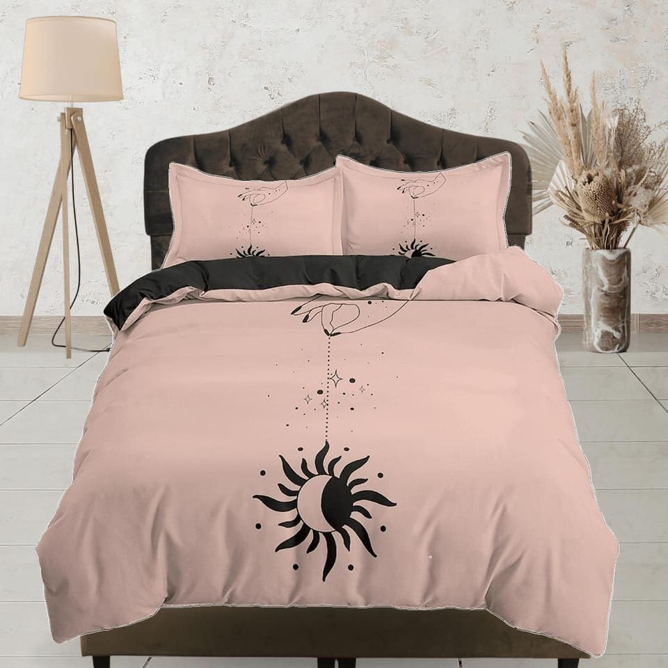 Minimalist Bedding with Black Moon and Sun, Beige Duvet Cover Set, Witchy Boho Dorm Bedding, Aesthetic Duvet King Queen Fu…