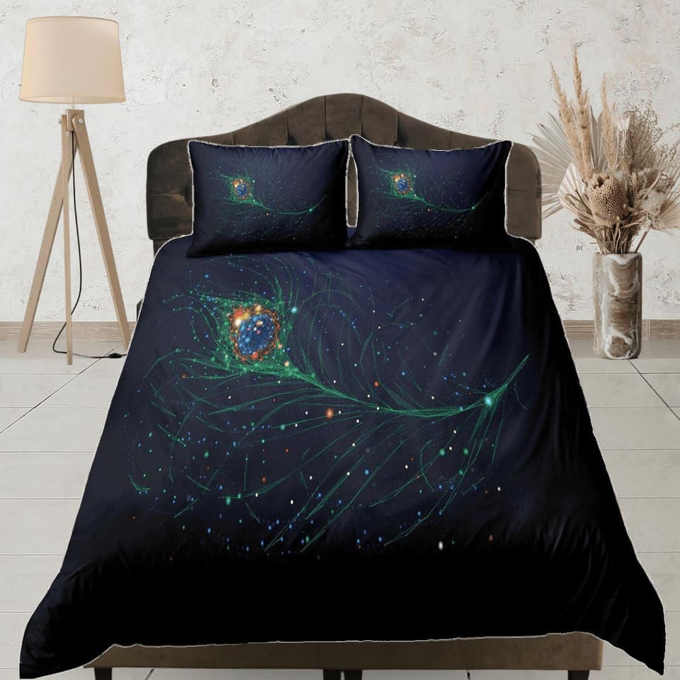 Minimalist bedding with peacock decor aesthetic bedding set full, luxury duvet cover queen, king, boho duvet, designer bed…