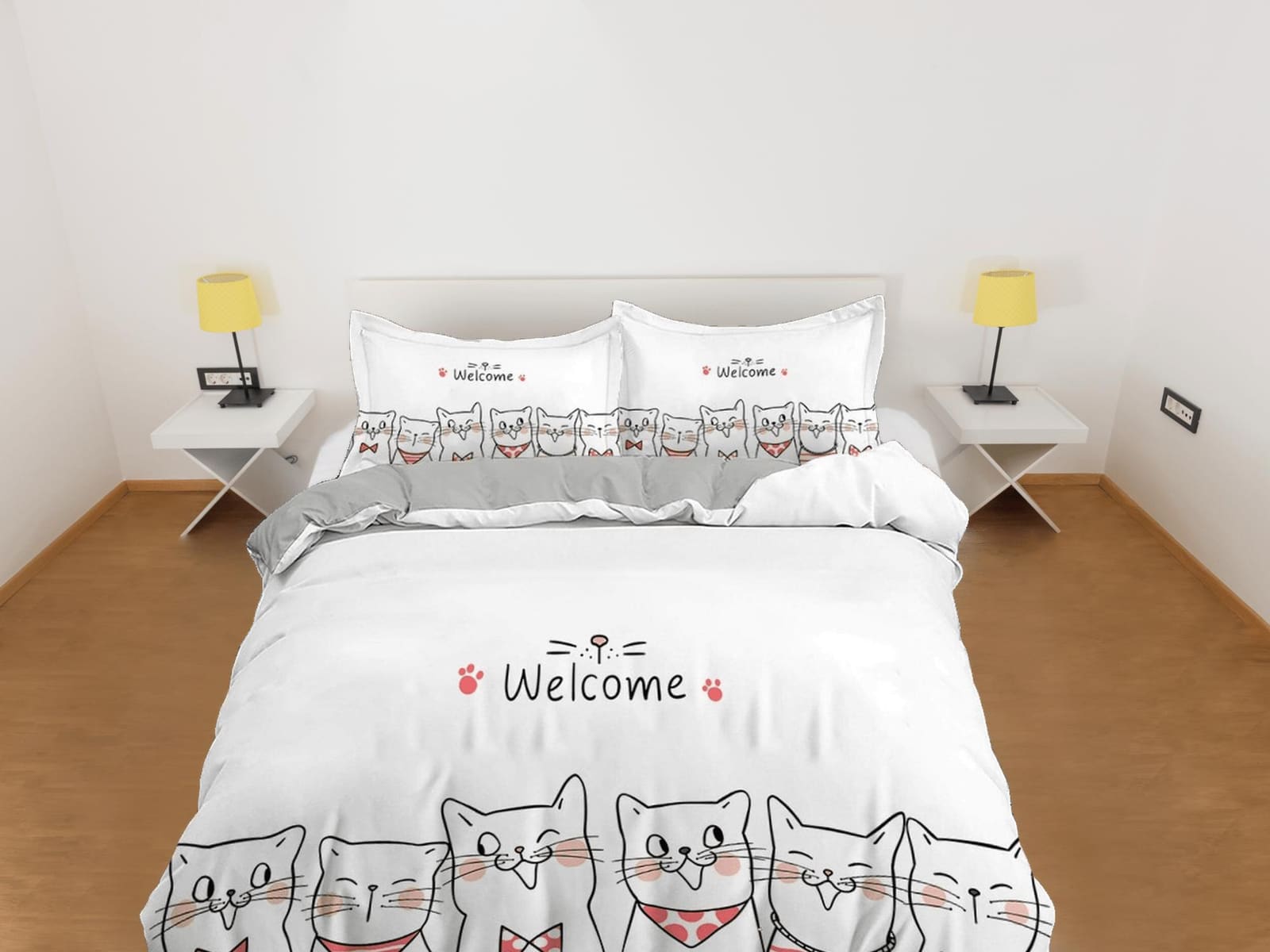Minimalist cat bedding white, toddler bedding, kids duvet cover set, gift for cat lovers, baby bedding, baby shower gift,…